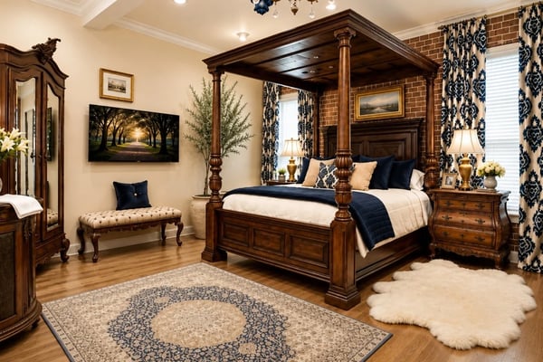 Luxurious master bedroom with dark wood four-poster bed, brick fireplace, ornate chandelier, and blue damask curtains