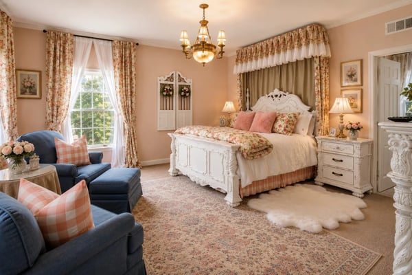 Spacious bedroom with white carved bed, peach walls, floral curtains, brass chandelier, and blue seating area by window